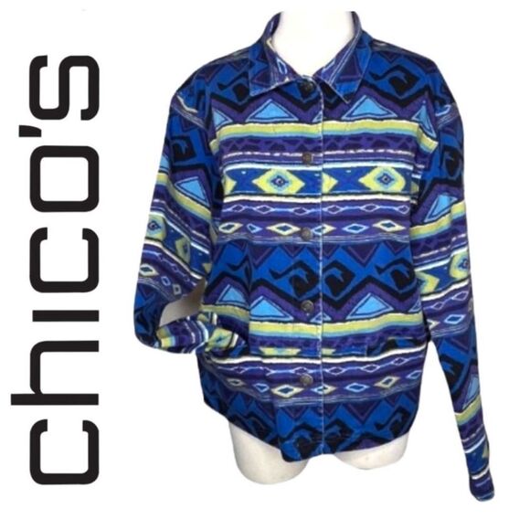 CHICOS SOUTHWEST WESTERN AZTEC INDIAN NAVAJO BUTTON FRONT DENIM JEAN JACKET Medi - Picture 1 of 10